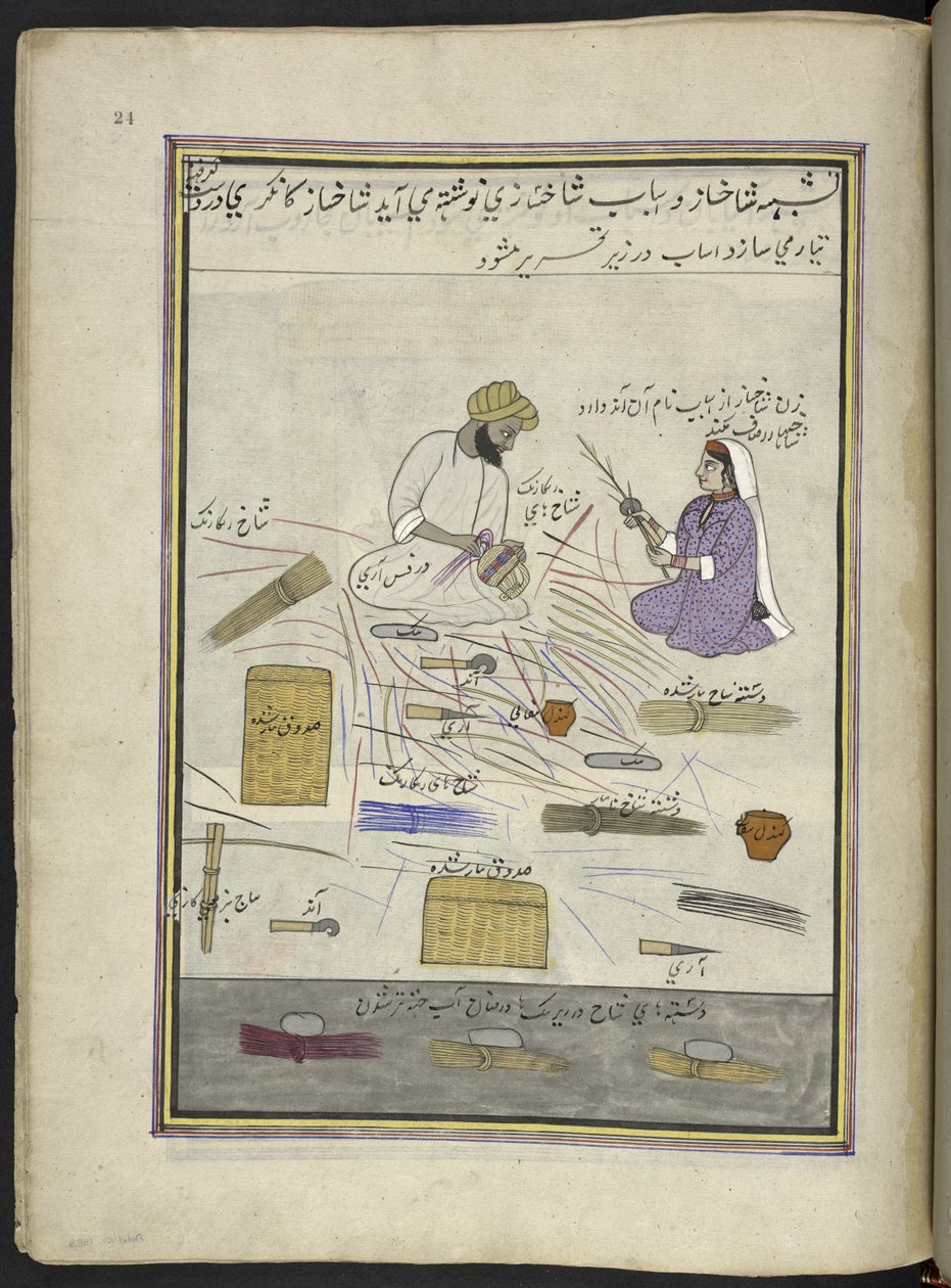 Fabricant de paniers et sa femme, 86 dessins reliés en un volume représentant des métiers et occupations au Cachemire, Les artisans sont montrés au travail avec leurs outils et équipements, Par un artiste du Cachemire, probablement à Srinagar, c.1850-60 - Indian School