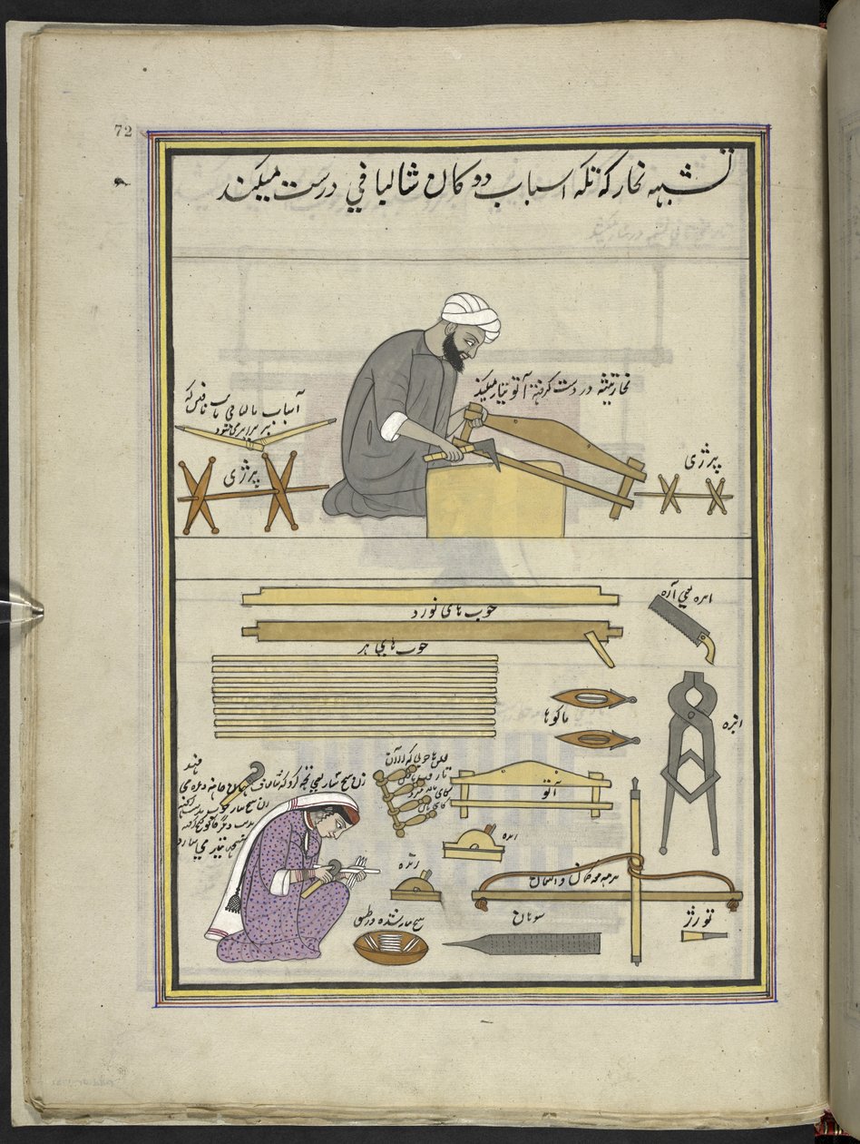 Charpentier et sa femme fabriquant un métier à tisser pour châle, 86 dessins reliés en un volume représentant des métiers et occupations au Cachemire, les artisans sont montrés au travail avec leurs outils et équipements, par un artiste du Cachemire, proba - Indian School