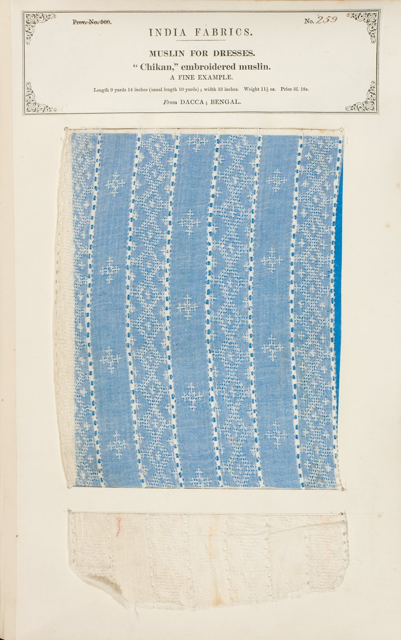 Échantillon de mousseline brodée Chikan de Dacca au Bengale, de The Collection of the Textile Manufacturers of India, par John Forbes Watson, publié en 1866 - Indian School