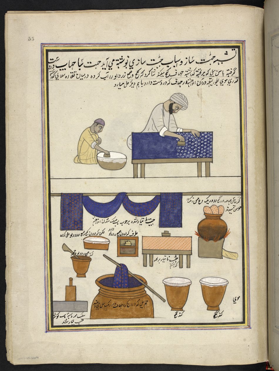 Imprimeur de tissus avec un bloc à main, et teinturier, 86 dessins reliés en un volume représentant des métiers et occupations au Cachemire, les artisans sont montrés au travail avec leurs outils et équipements, par un artiste du Cachemire, probablement à  - Indian School