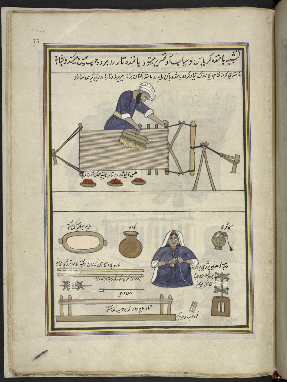 Tisserand de coton peignant une chaîne ; femme enroulant du coton (86 dessins reliés en un volume représentant des métiers et occupations au Cachemire, les artisans sont montrés au travail avec leurs outils et équipements, par un artiste du Cachemire, prob - Indian School