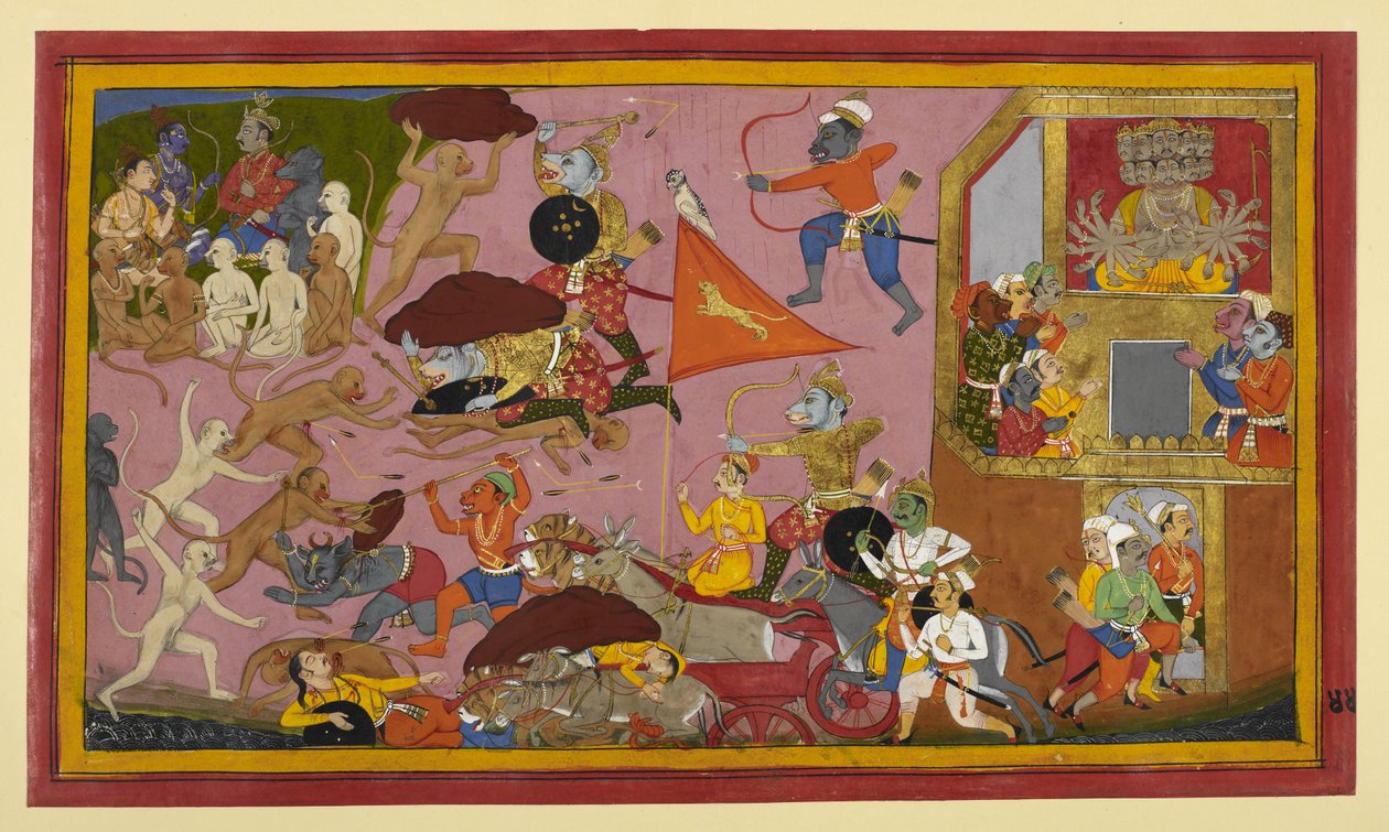 Dhūmrākṣa est écrasé par Hanumān ; les démons annoncent leur défaite à Rāvaṇa. - Indian School