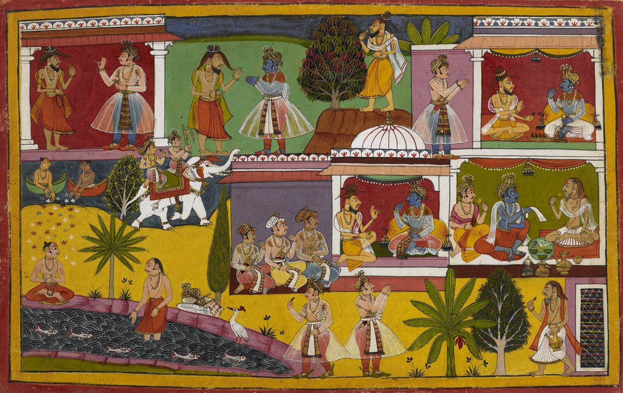 Durvasa et la Mort rendent visite à Rāma, puis Lakṣmaṇa médite près du Sarayu et est emmené au ciel par Indra. - Indian School