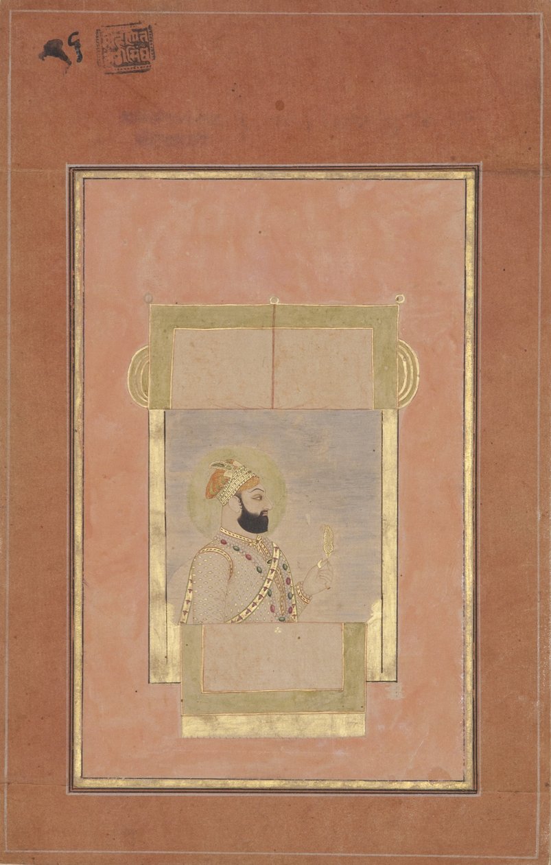 Farrukh Siyyar assis à une fenêtre, tenant un sarpech en or - Indian School