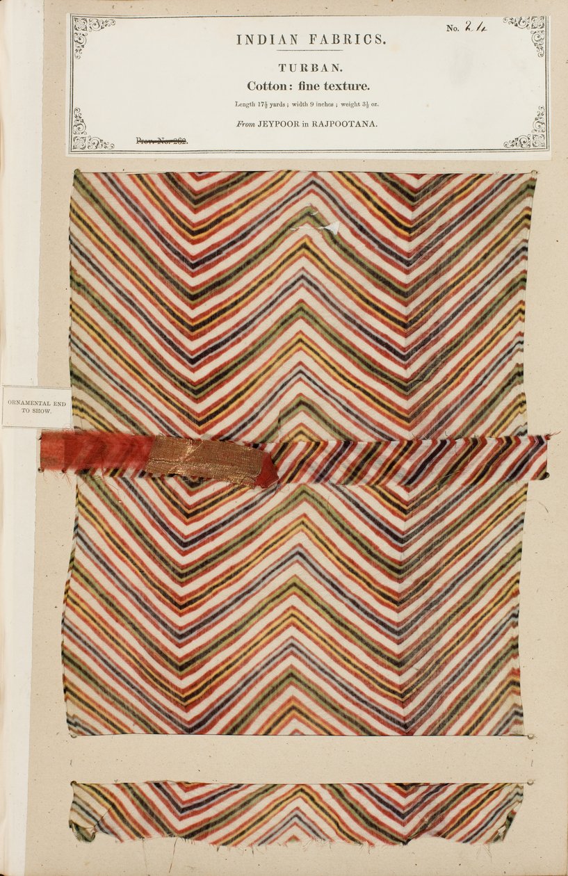 Échantillon de turban en coton fin de Jeypoor au Rajpootana, de The Collection of the Textile Manufacturers of India, par John Forbes Watson, publié en 1866 - Indian School