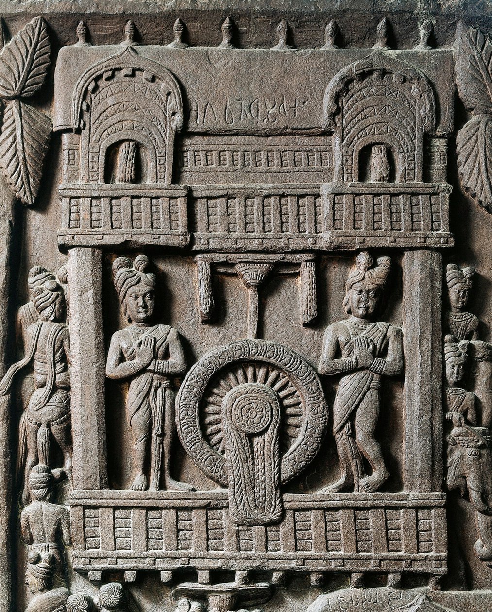 Art indien, hindouisme : bas-relief représentant la dernière visite du roi Prasenjit II à Gautama Bouddha (Bouddha). 2ème siècle avant J.-C. Kolkata, Musée indien - Indian School