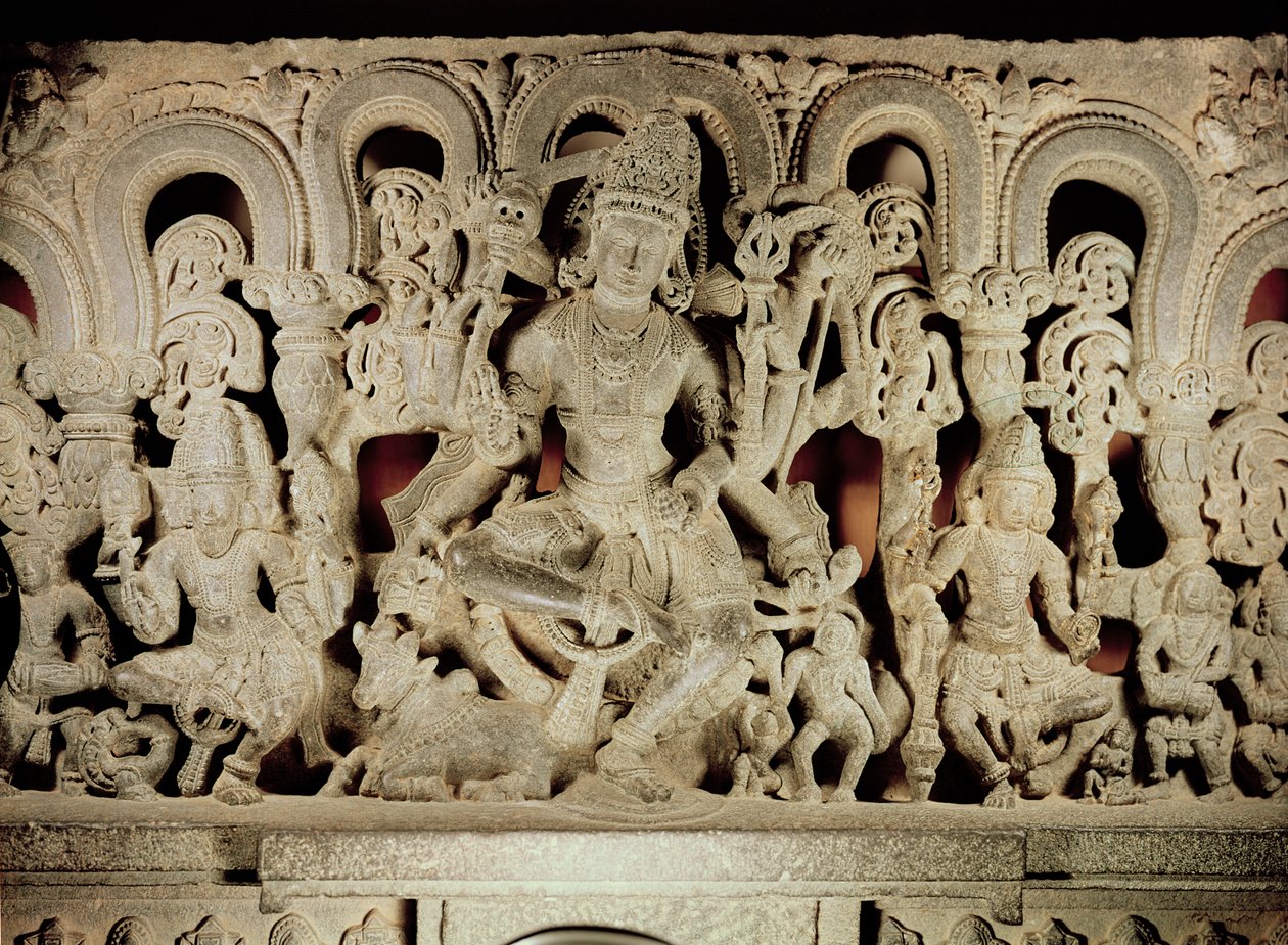 Linteau représentant la trinité hindoue, de Warangal, Andhra Pradesh, dynastie Kakatiya - Indian School