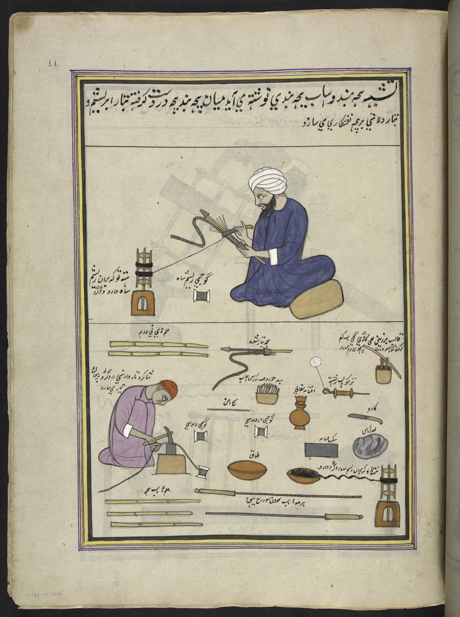 Hommes couvrant des serpents de hookah avec du fil et du fil métallique, 86 dessins reliés en un volume représentant des métiers et occupations au Cachemire, les artisans sont montrés au travail avec leurs outils et équipements, par un artiste du Cachemire - Indian School