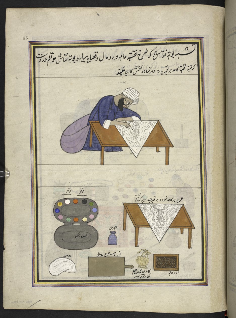 Dessinateur de motifs (naqqash) préparant un dessin pour un châle, 86 dessins reliés en un volume représentant des métiers et occupations au Cachemire, les artisans sont montrés au travail avec leurs outils et équipements, par un artiste du Cachemire, prob - Indian School