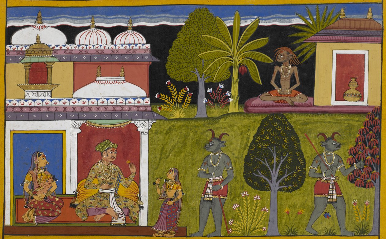 Praheti devient ascète tandis que Heti épouse Bhayā et a un fils, Vidyutkeśa. - Indian School