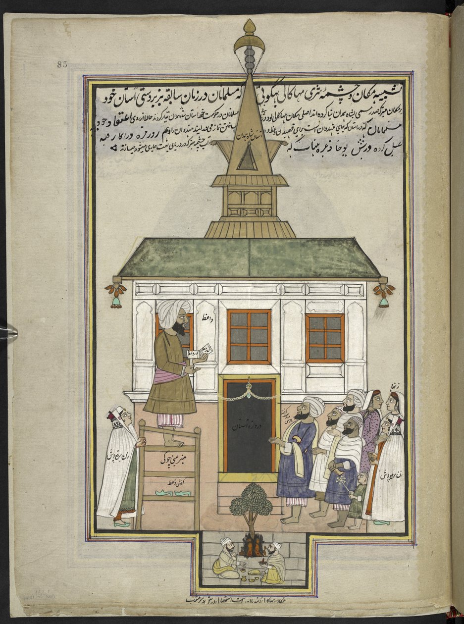 Prédicateur et fidèles à la mosquée en bois de Shah Hamadan, Srinagar, anciennement le sanctuaire de Mahakali Bhagwati - Indian School