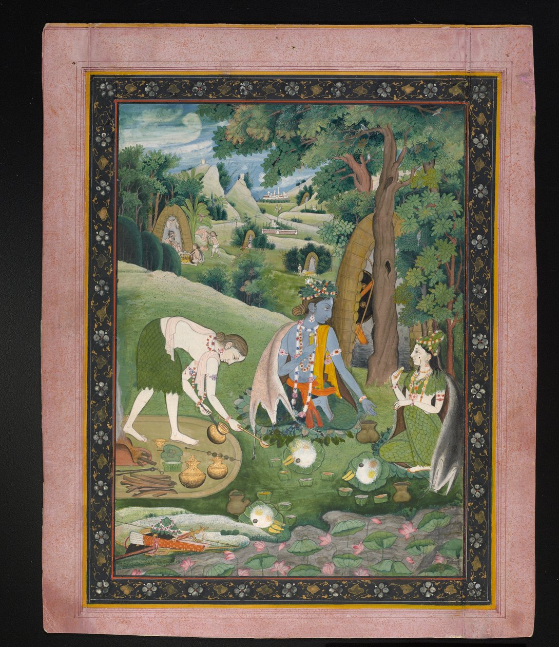 Rama, Lakshmana et Sita cuisinant et mangeant dans la nature, c.1820 - Indian School