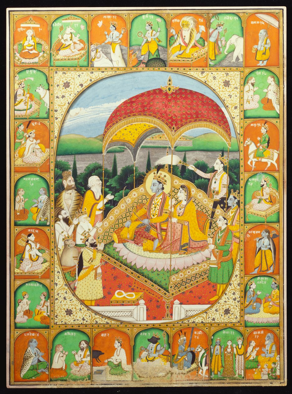 Rama et Sita sur le trône, vénérés par Shiva, Hanuman et d