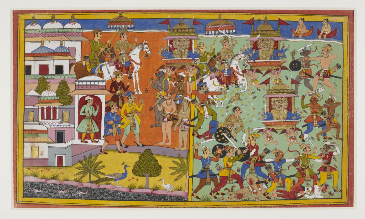 Ravana vainc le roi Anaranya, qui prophétise sa mort aux mains de Rama. - Indian School