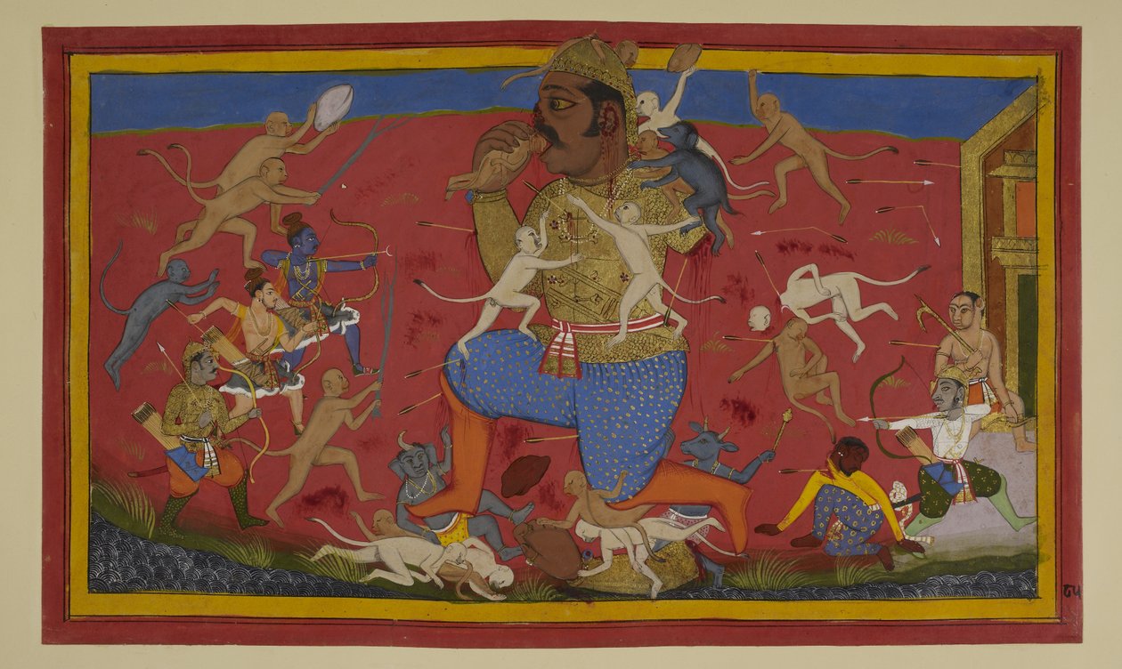 Rāma et Lakṣmaṇa blessent Kumbhakarṇa en se retirant en tant que démons. - Indian School