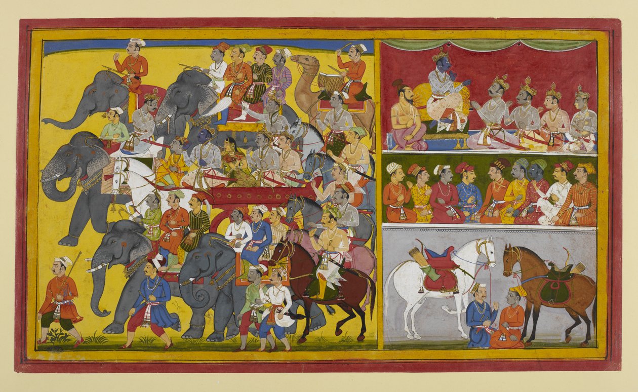 Rāma et ses frères se rendent à Ayodhyā et consultent Vibhīṣaṇa et un sage. - Indian School