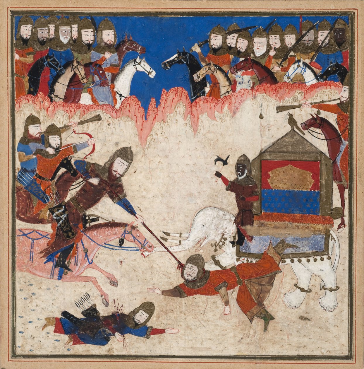 Rustam attrape le Khaqan de Chine et le tire de son éléphant, c.1450 - Indian School