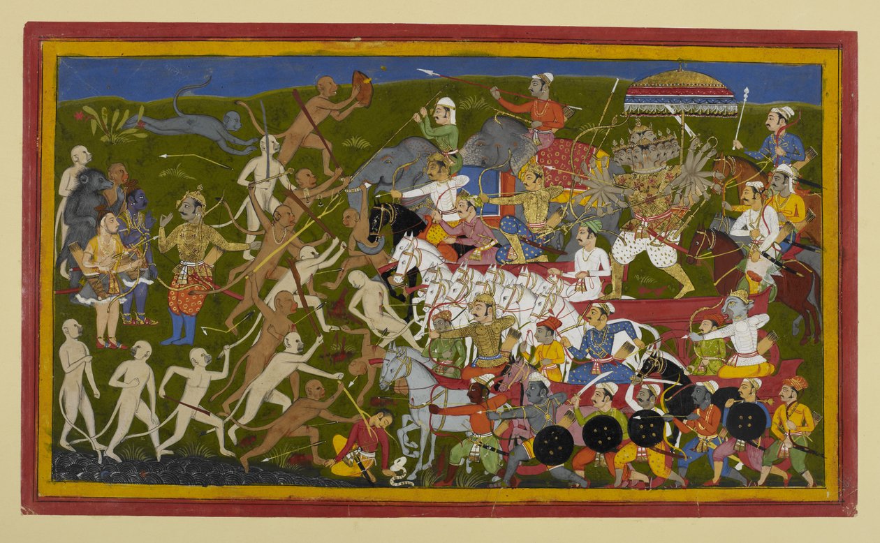 Rāvaṇa avance contre les singes, Rāma et Lakṣmaṇa attendent en réserve. - Indian School