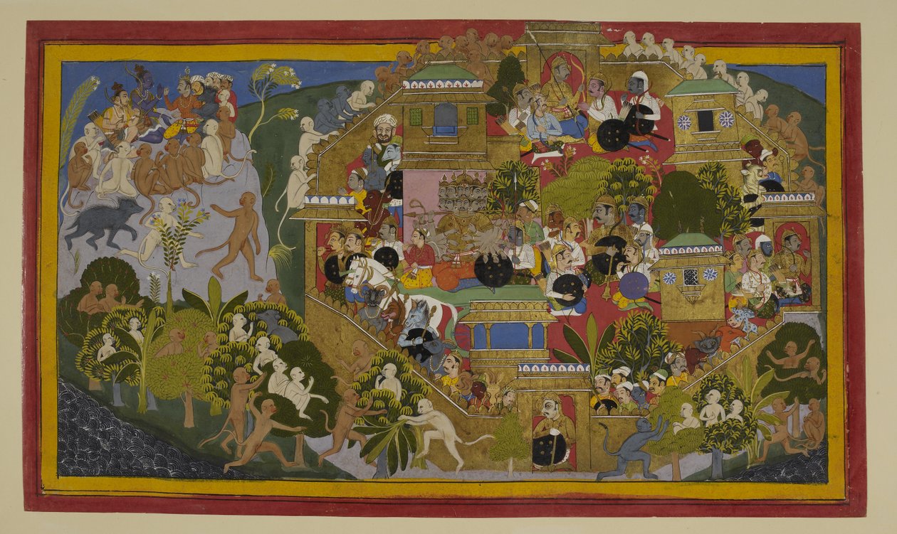 Rāvaṇa assigne les défenses de Laṅkā ; Rāma envoie des éclaireurs depuis le mont Suvela. - Indian School