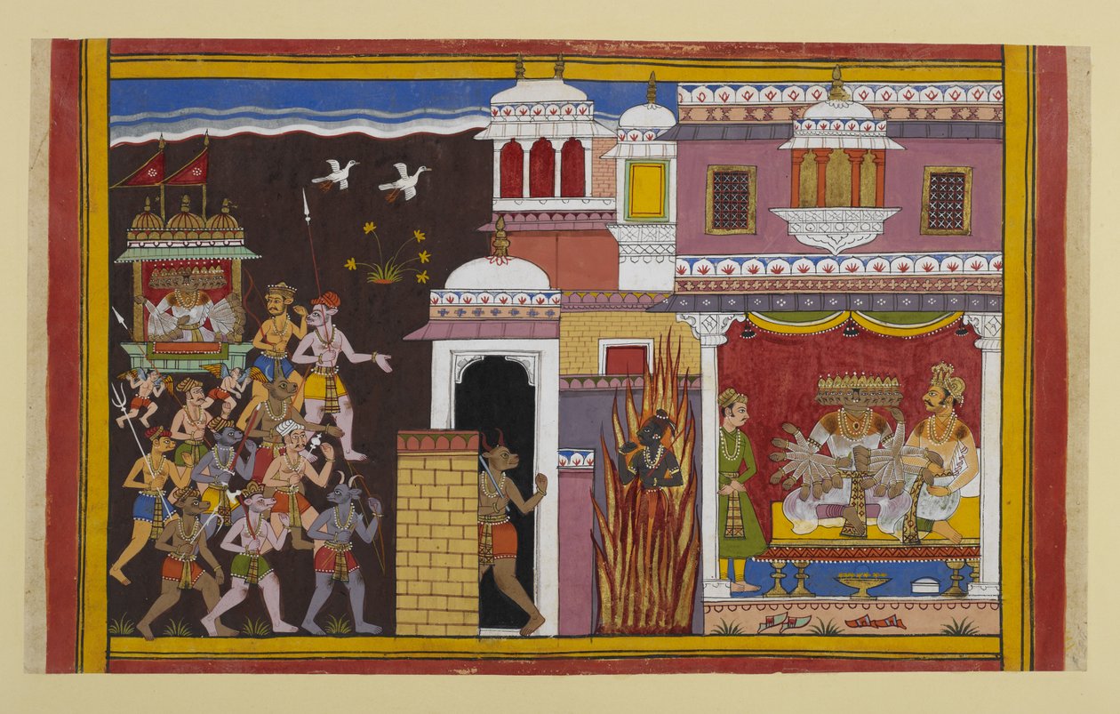 Rāvaṇa rencontre Bali dans un palais gardé par Viṣṇu, qui disparaît, l