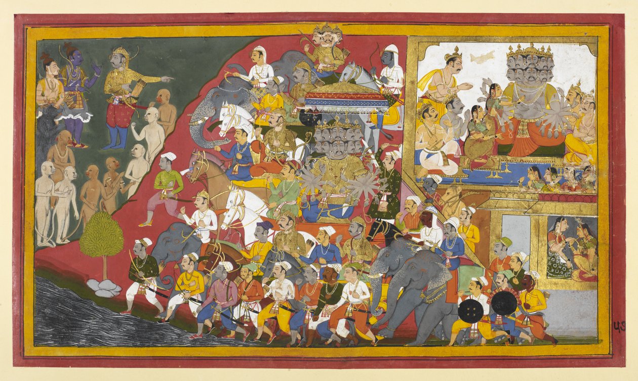 Rāvaṇa se prépare à la bataille ; Rāma consulte Vibhīṣaṇa sur les commandants ennemis. - Indian School