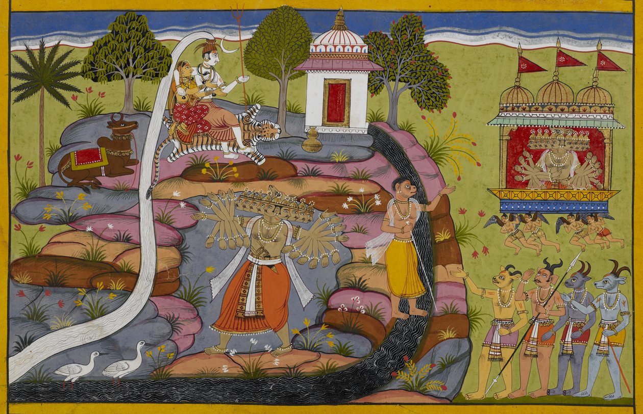 Rāvaṇa chevauche le char de Puṣpaka, puis soulève et secoue le mont Kailāsa pour défier Śiva. - Indian School