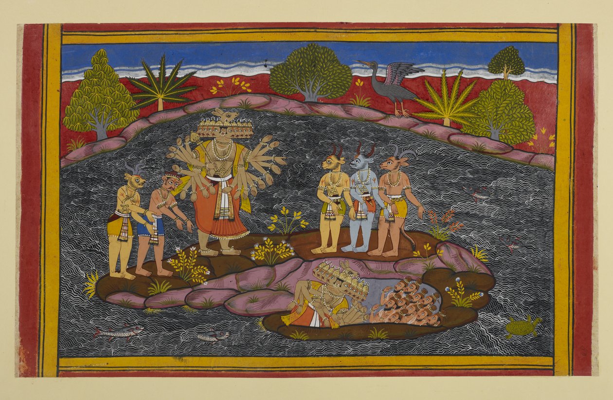 Rāvaṇa cherche le puruṣa, entre dans une grotte et trouve des milliers d