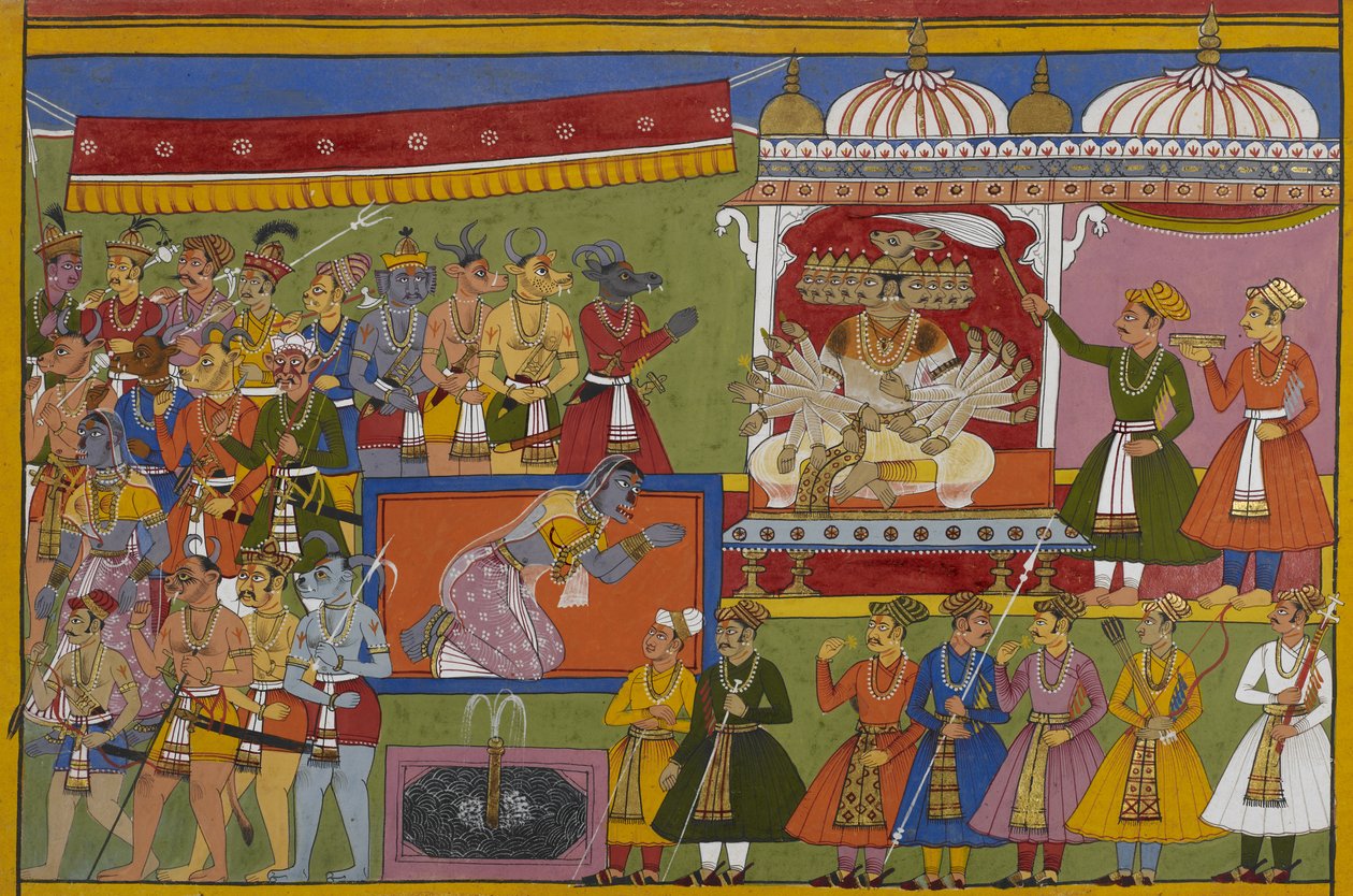 Rāvaṇa est assis sur son trône tandis que sa sœur Śūrpaṇakhā pleure la mort de son mari par sa main. - Indian School