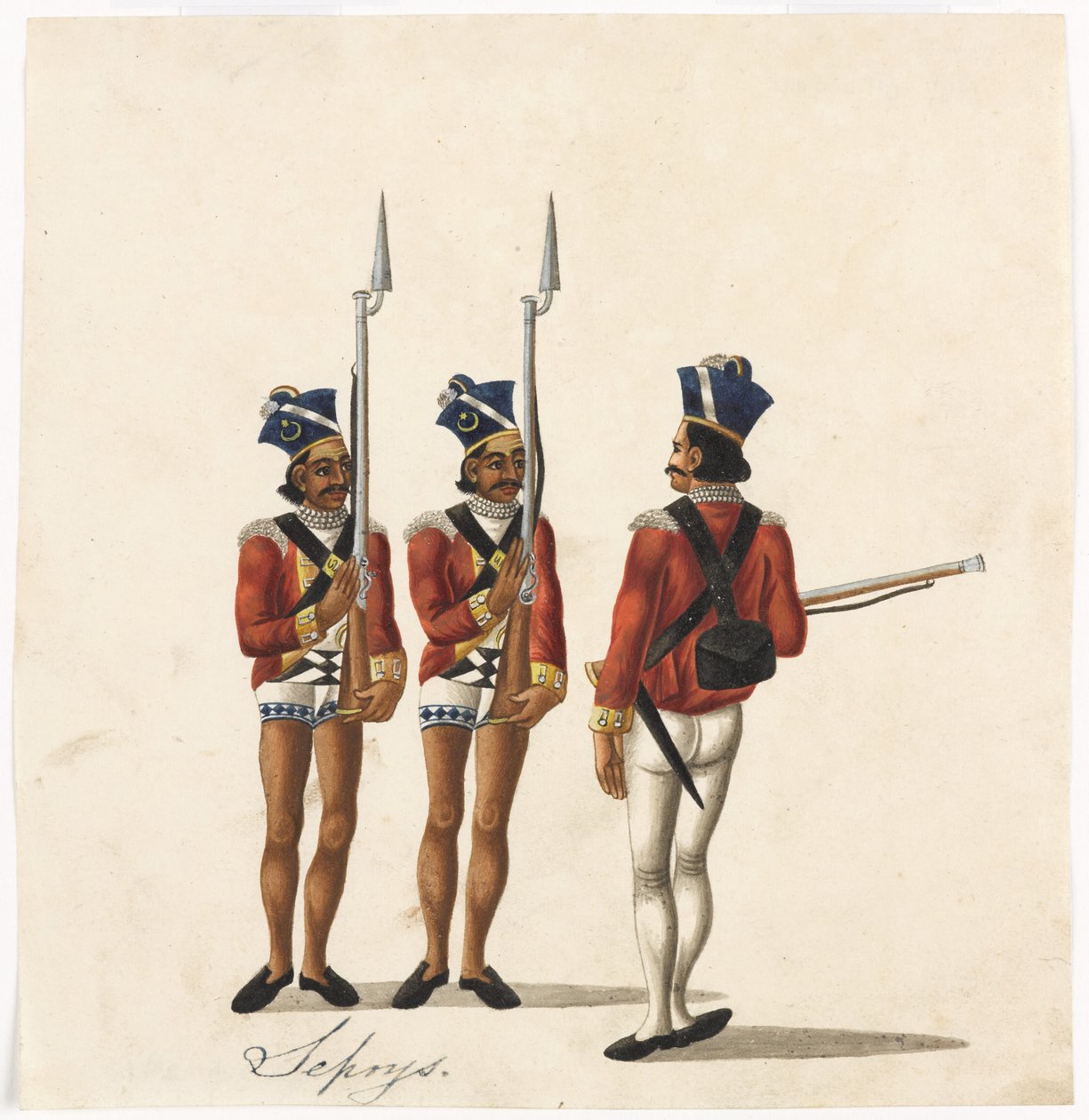 Cipayes et un officier indien, armée du Bengale, vers 1815 - Indian School