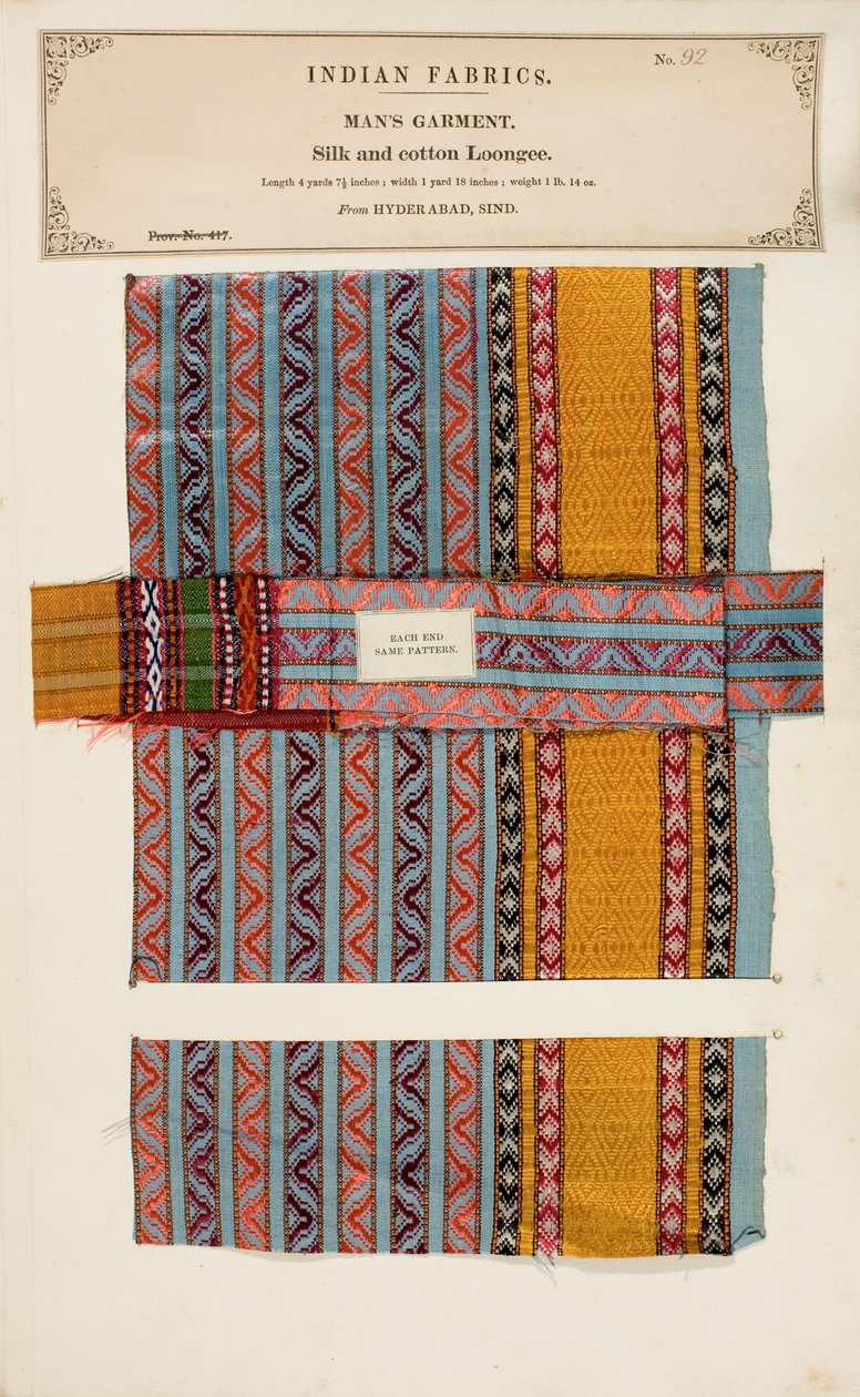 Échantillon de Loongee en soie et coton de Hyderabad au Sind, de The Collection of the Textile Manufacturers of India, par John Forbes Watson, publié en 1866 - Indian School