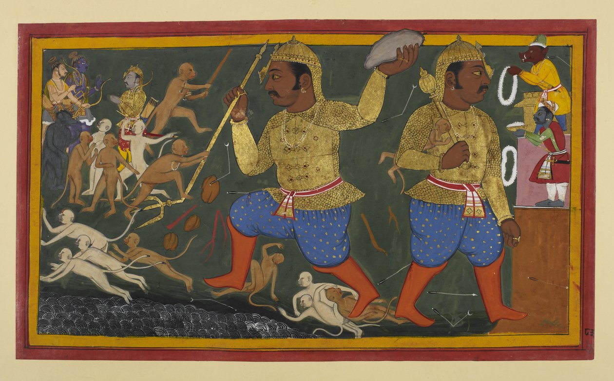 Sugrīva est capturé par Kumbhakarṇa et emmené à Laṅkā. - Indian School