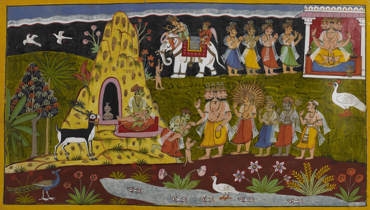 Les créatures implorent Brahmā, qui ranime Hanumān, et les dieux lui accordent une grande force - Indian School