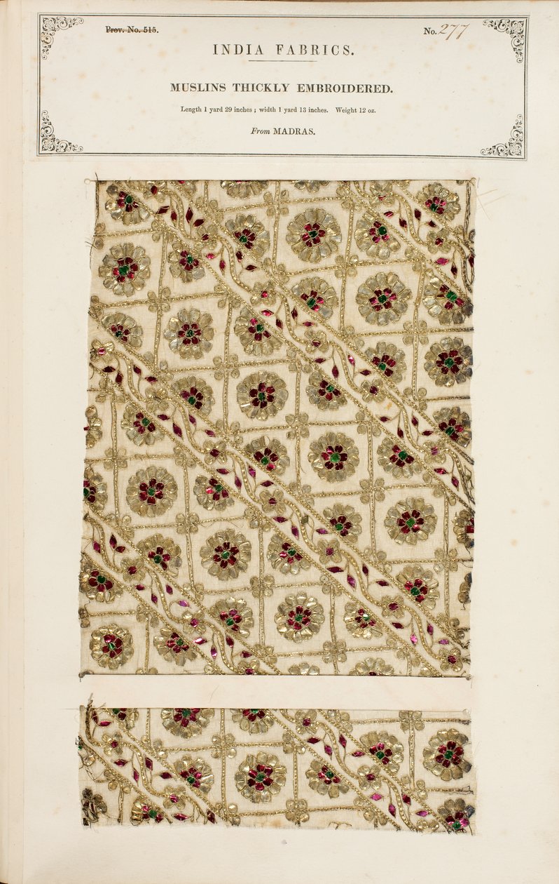 Échantillon de mousseline épaissement brodée de Madras, de The Collection of the Textile Manufacturers of India, par John Forbes Watson, publié en 1866 - Indian School
