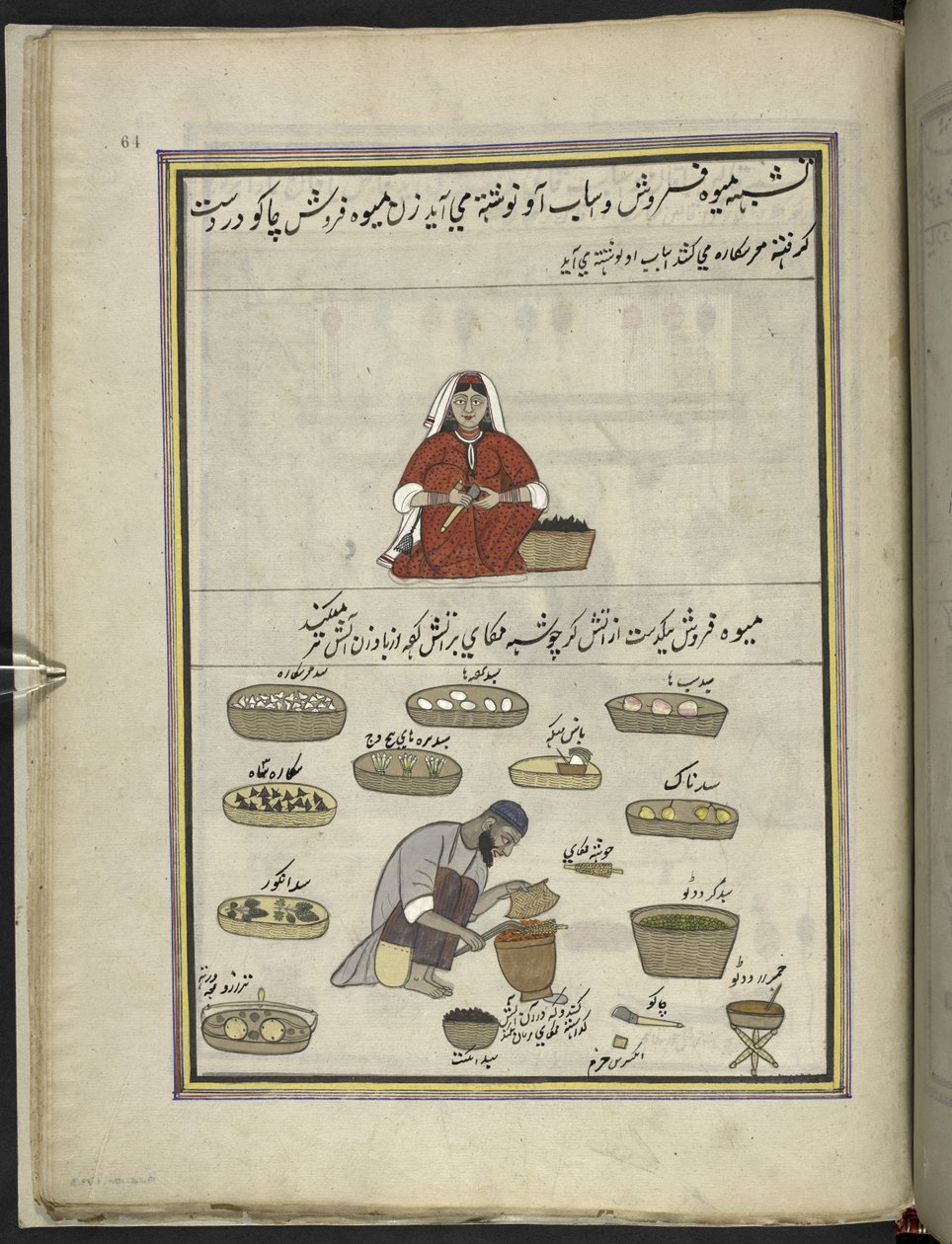 Femme vendeuse de fruits; homme grillant du maïs, 86 dessins reliés en un volume représentant des métiers et des occupations au Cachemire, les artisans sont montrés au travail avec leurs outils et équipements, par un artiste du Cachemire, probablement à Sr - Indian School