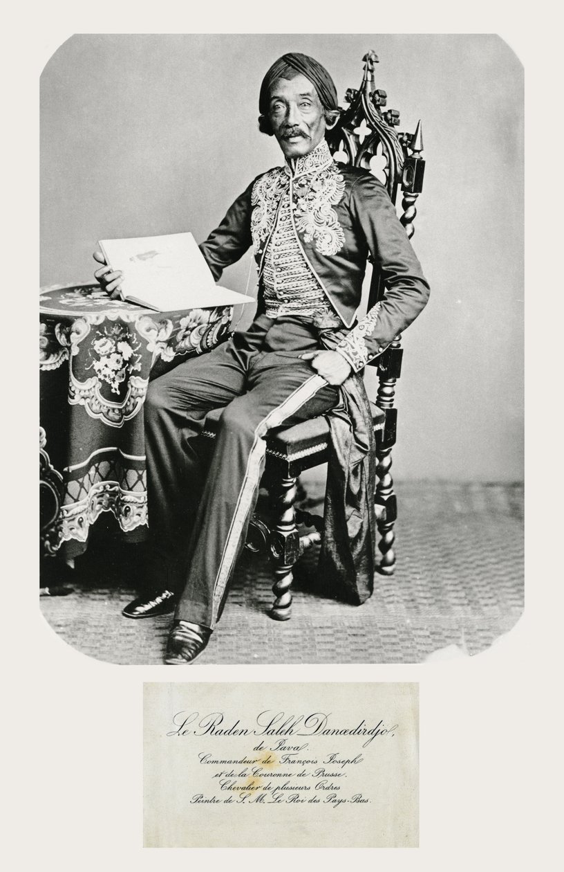 Portrait de Raden Saleh et sa carte de visite, vers 1850-70 (photo et gravure en noir et blanc) - Indonesian School