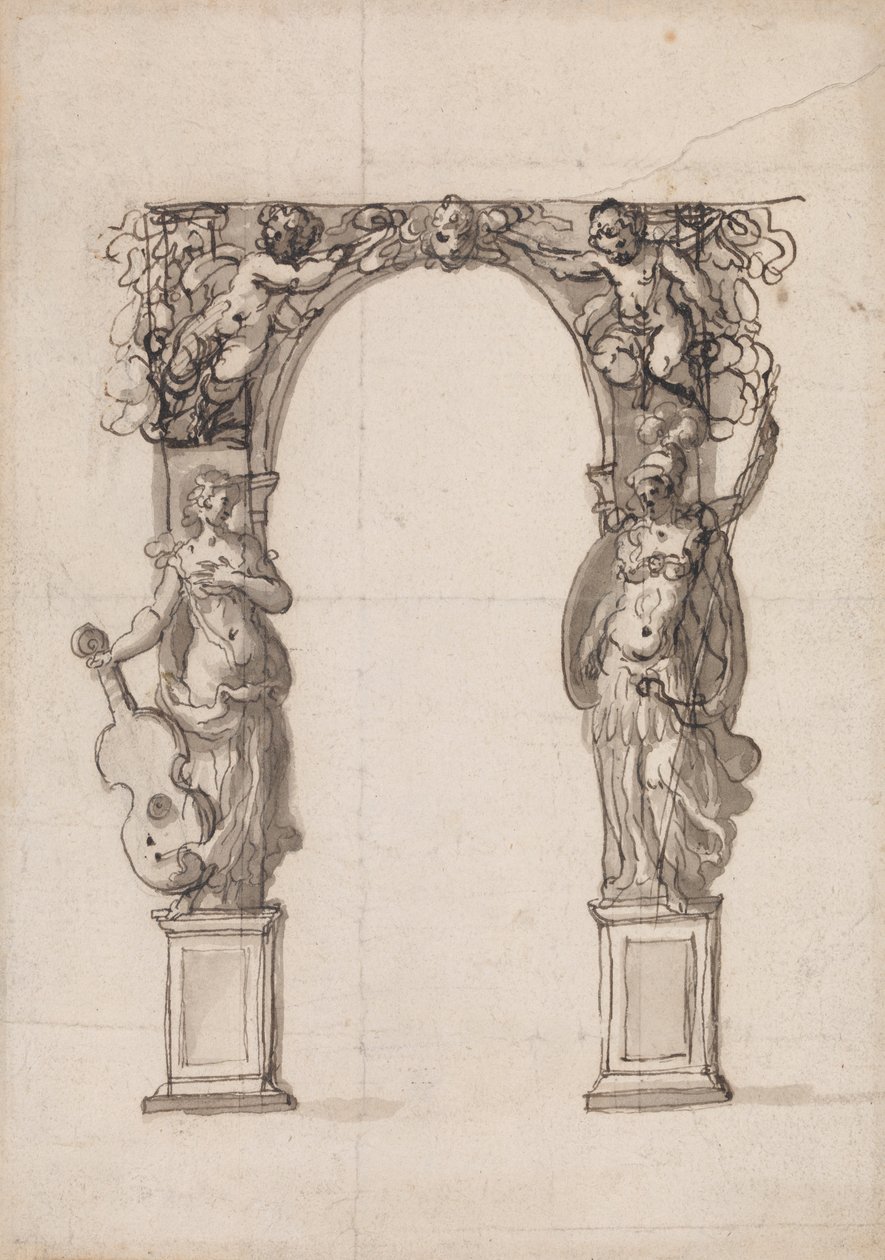 Conception pour une arche temporaire ornée de putti et de figures allégoriques de la musique et de la guerre - Inigo Jones