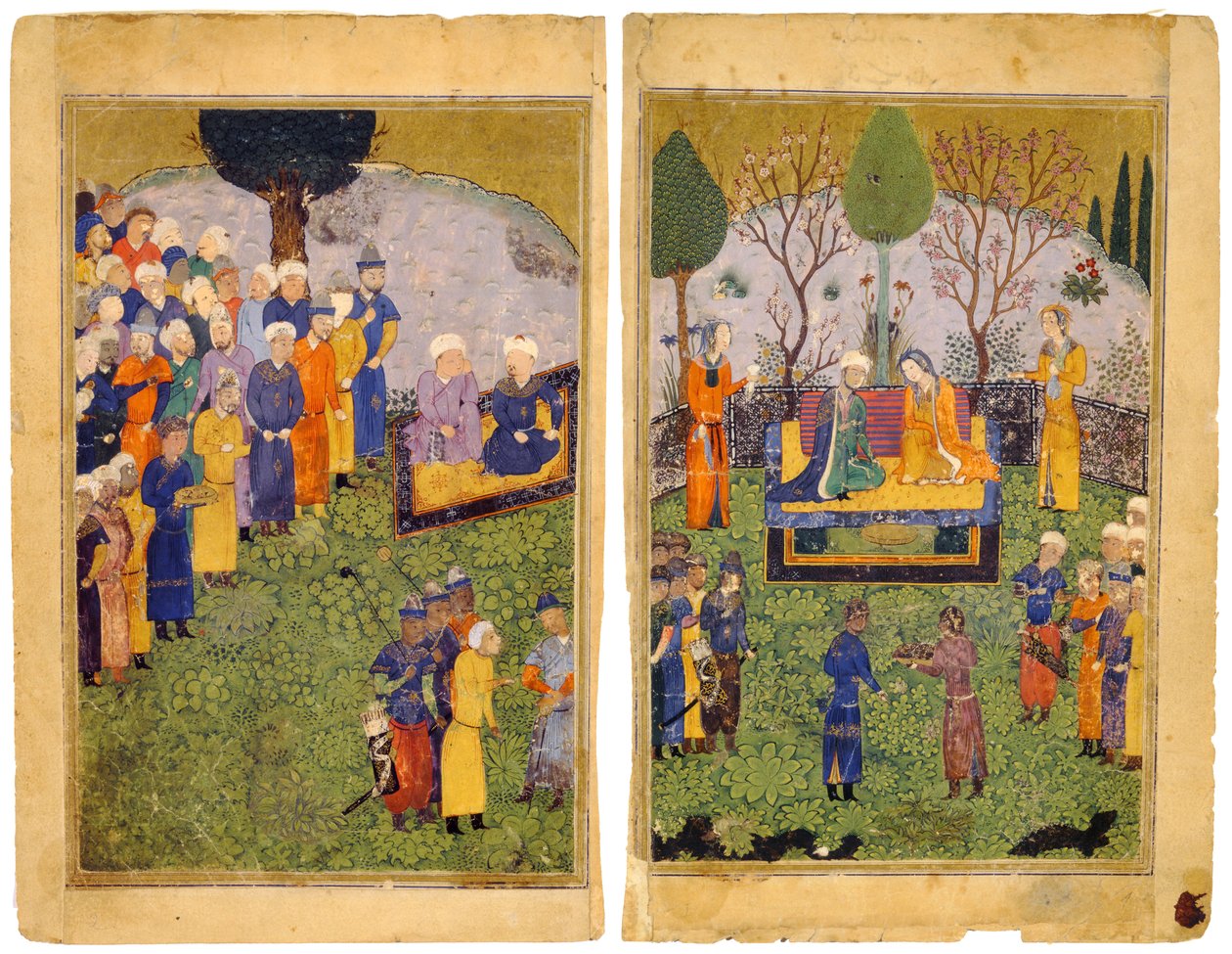 Un couple princier avec des courtisans dans un jardin. Du Livre des Rois Shahnama - Iranian Master