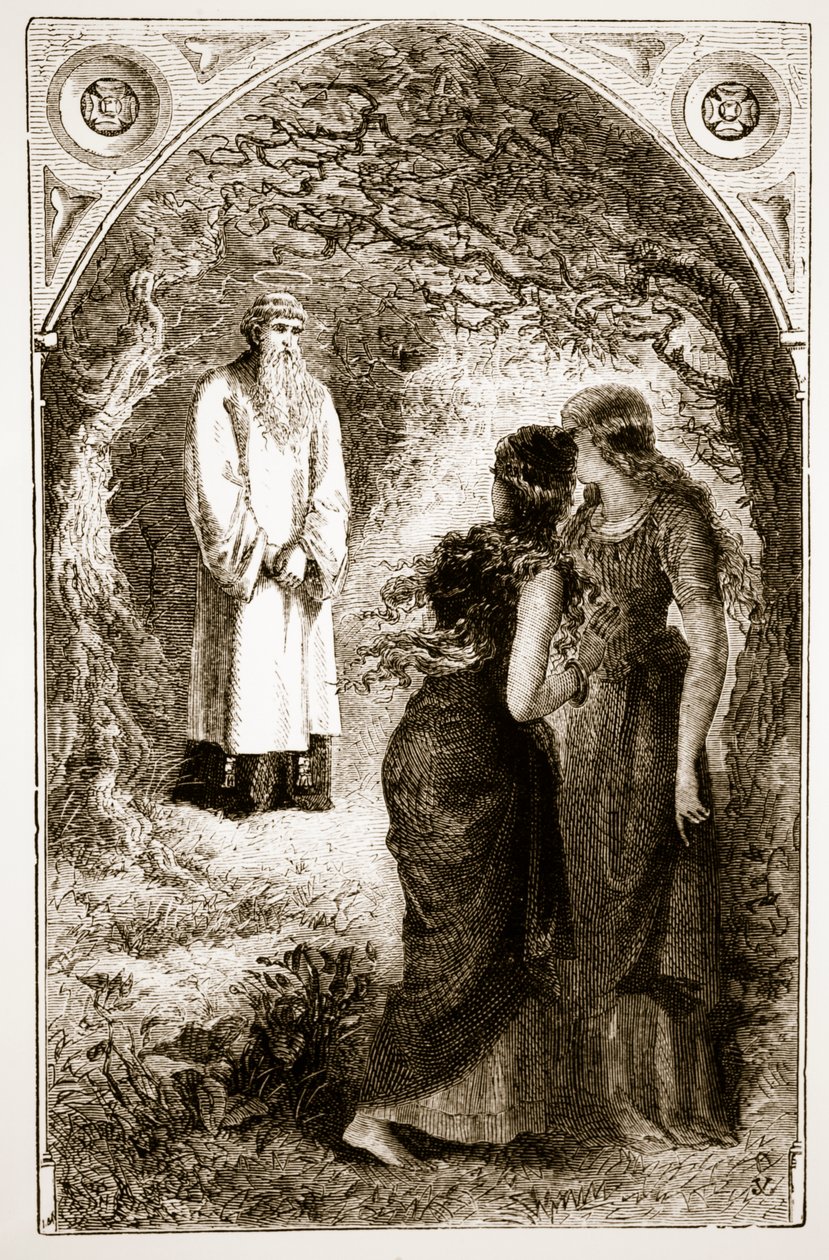 Saint Patrick rencontré par des vierges dans le bois de Fochlut, de The Trias Thaumaturga, ou Trois Saints Thaumaturges d