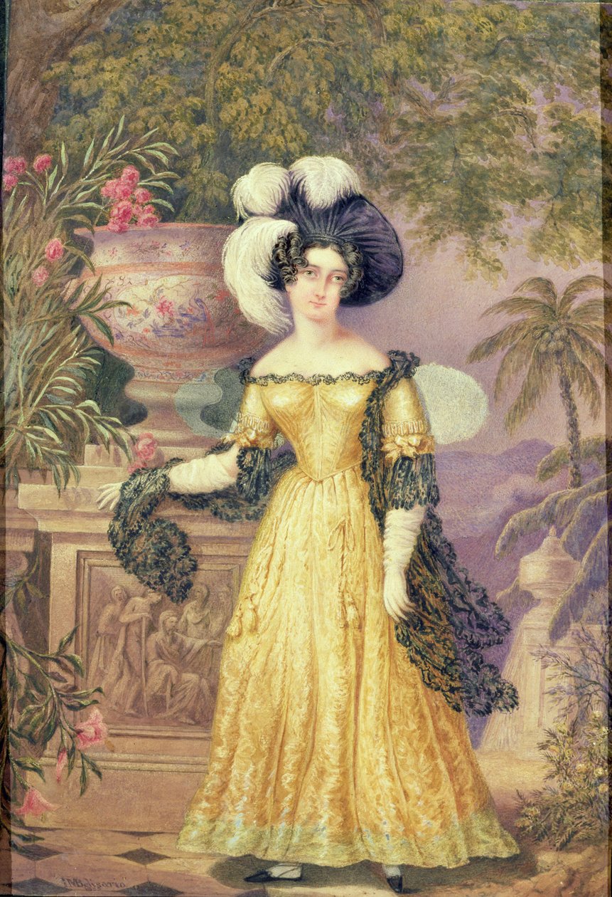 Lady Rowe, debout en pied sur une terrasse, un paysage jamaïcain au clair de lune en arrière-plan - Isaac Mendes Belisario