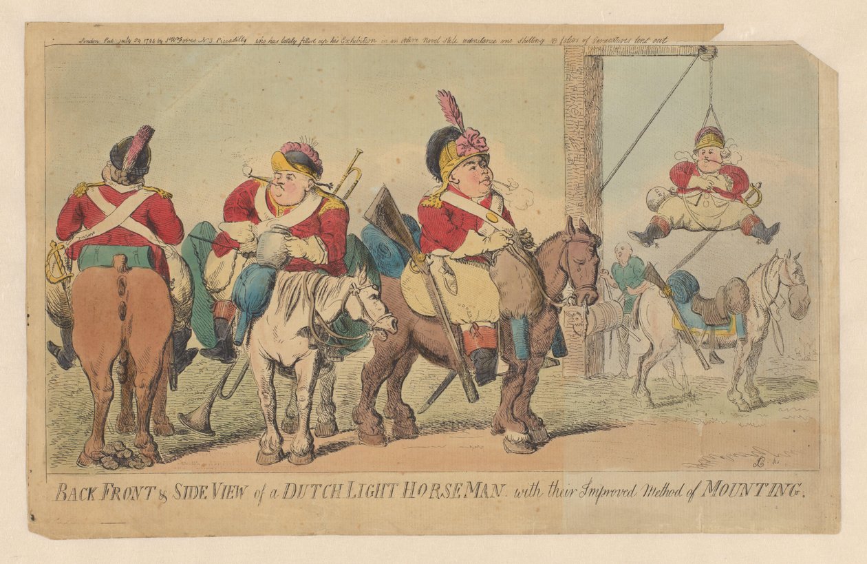 Méthode améliorée de la cavalerie légère néerlandaise pour monter à cheval Back front & side view of a Dutch light horse-man, with their improved method of mounting - Isaac Cruikshank (signed by artist)