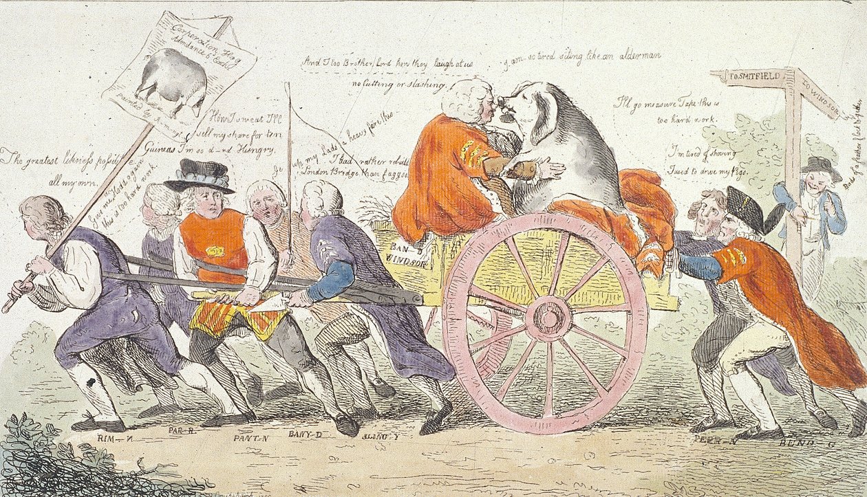 Le voyage du cochon de la Corporation à Smithfield en style ou les échevins devenus montreurs de cochons, 1790 - Isaac Cruikshank