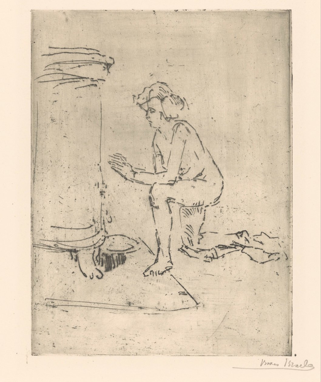 Modèle agenouillé devant un poêle - Isaac Israels (signed by artist)