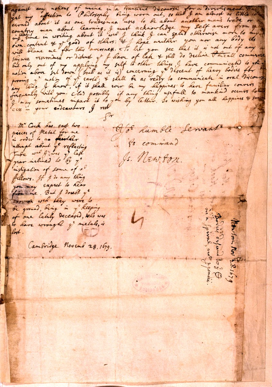 Lettre écrite par Isaac Newton, 28 novembre 1679 - Isaac Newton