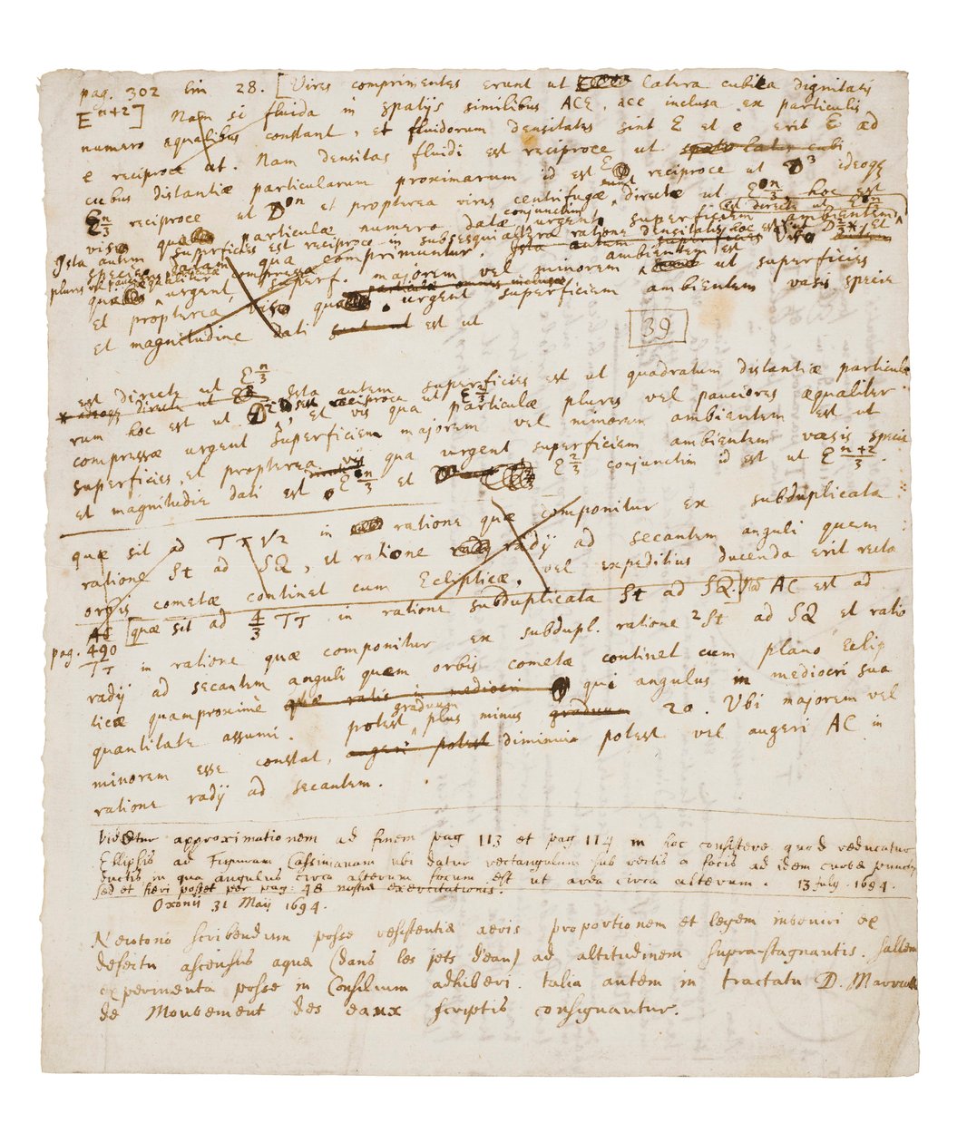 Deux pages de révisions des Principia Mathematica - Isaac Newton
