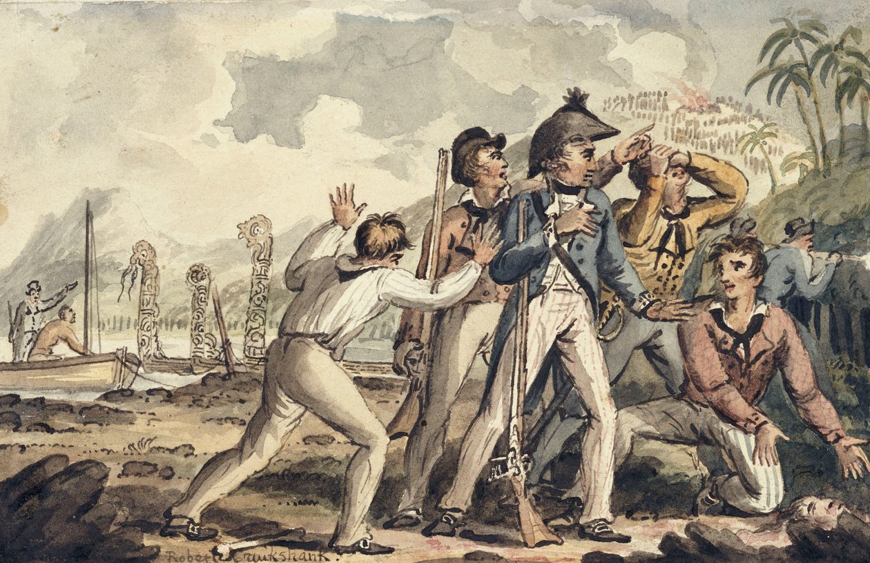 Le capitaine Burney découvrant ses compagnons de bord assassinés, des Voyages du capitaine Cook - Isaac Robert Cruikshank