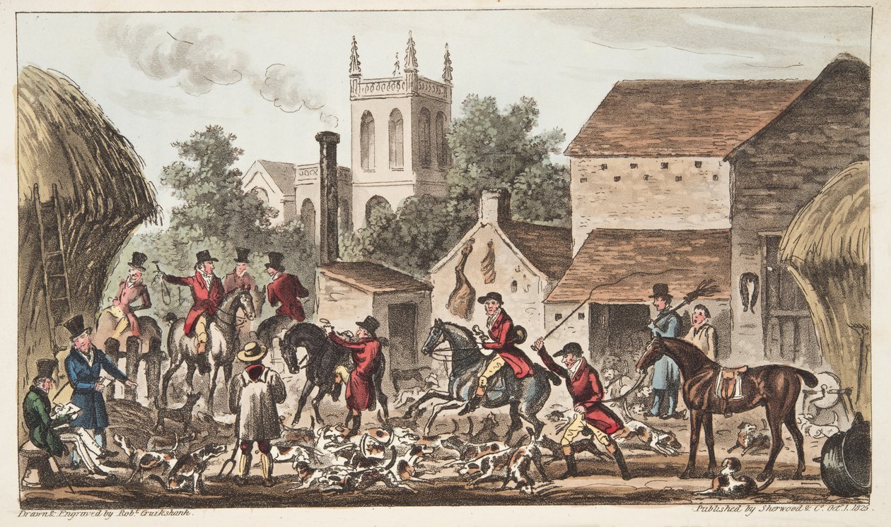 Sortie ; Une vue du Chenil de Berkeley Hunt, de The English Spy - Isaac Robert Cruikshank