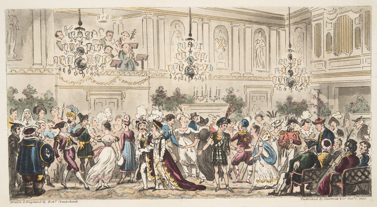 Le bal costumé aux Upper Rooms, Bath, de The English Spy, publié à Londres, 1824 - Isaac Robert Cruikshank