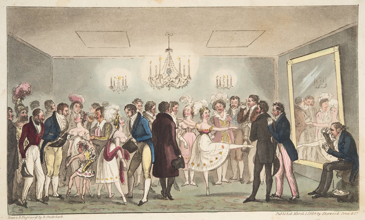 La Green Room du Kings Theatre, ou les Amateurs Nobles regardant des Curiosités Étrangères, de The English Spy - Isaac Robert Cruikshank
