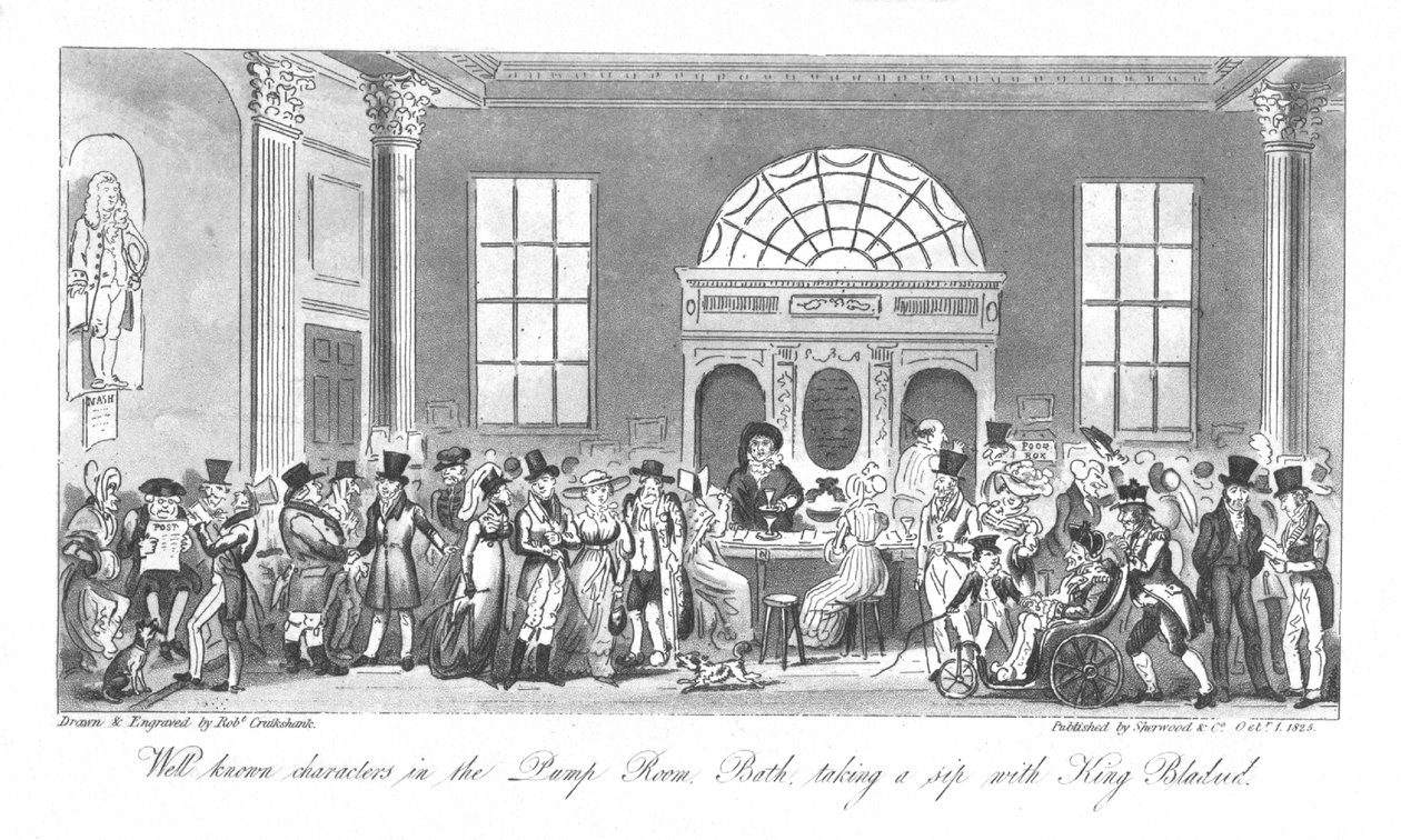 Personnages bien connus dans la salle des pompes, Bath, prenant une gorgée avec le roi Bladud, 1825 - Isaac Robert Cruikshank