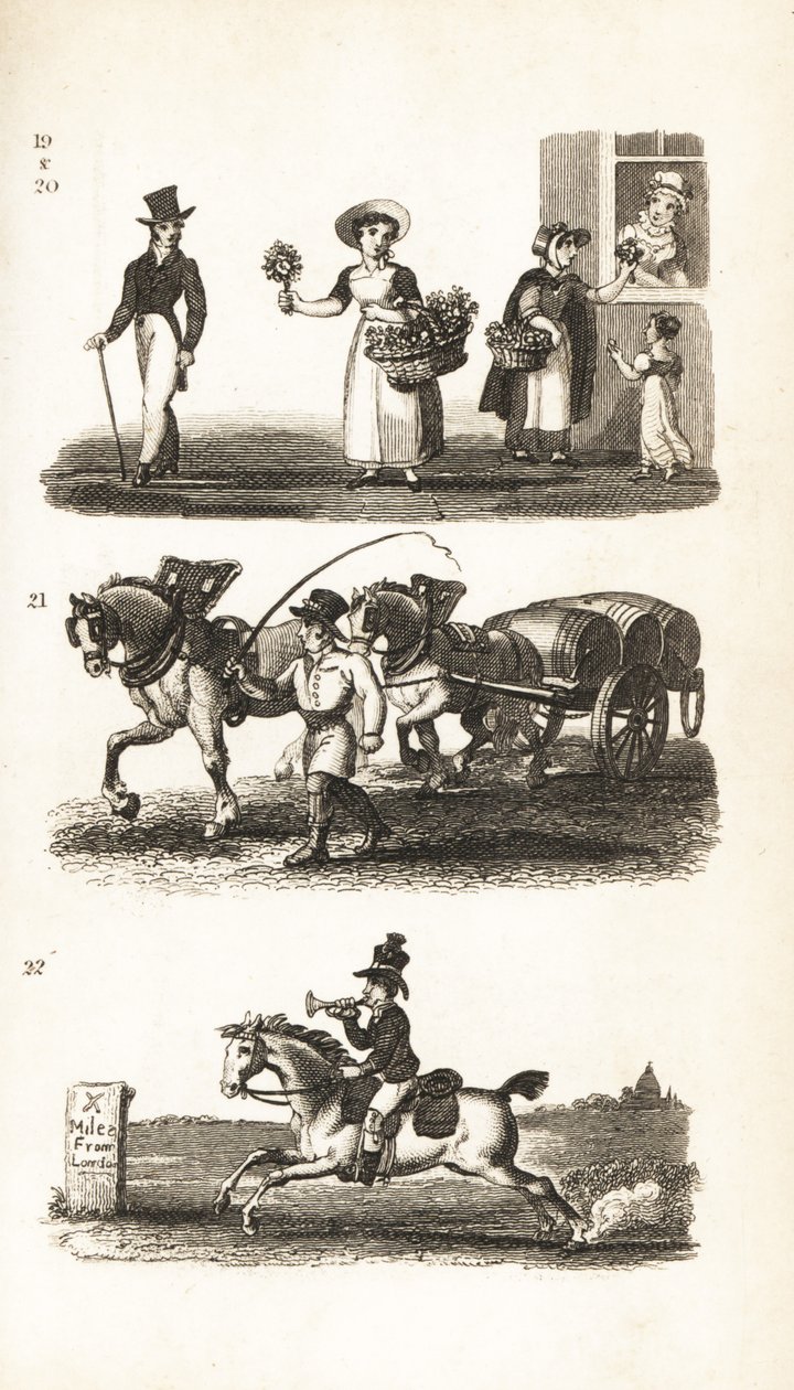Bouquets, fille de cresson, chariot de brasseur et garçon de la poste à deux sous - Isaac Taylor